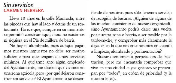 Carta d'una veïna del carrer Marinada de Gavà Mar publicada al periòdic municipal EL BRUGUERS queixant-se del mal estat del carrer Marinada (21 de Maig de 2008)